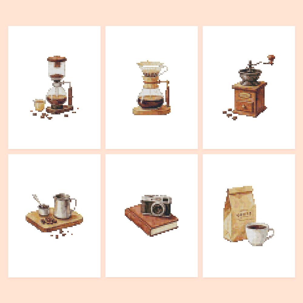 Siphon Brew and Coffee Grinder mini diamond painting – Coffee motifs: siphon brewer, pour-over carafe, hand grinder, milk jug, camera on a book, coffee bag and cup