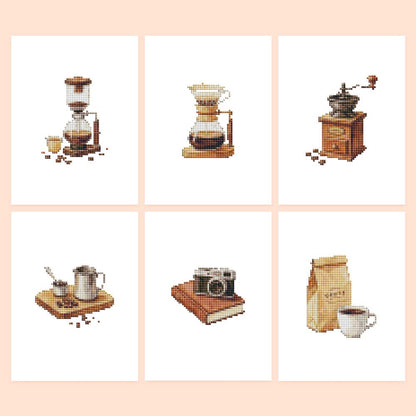 Siphon Brew and Coffee Grinder mini diamond painting – Coffee motifs: siphon brewer, pour-over carafe, hand grinder, milk jug, camera on a book, coffee bag and cup
