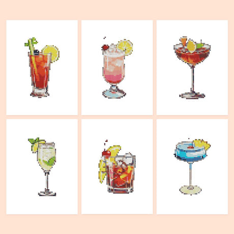 Citrus-Garnished Cocktail Bar mini diamond painting – Six garnished cocktails: red highball, pink fizz, red coupe, lime spritz, cherry whiskey glass and a blue coupe