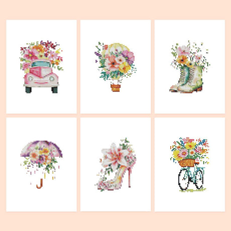 Blossom-Filled Car and Bicycle mini diamond painting – Six designs overflowing with flowers: pink vintage car, hot air balloon, cowboy boots, umbrella, high heel, bicycle