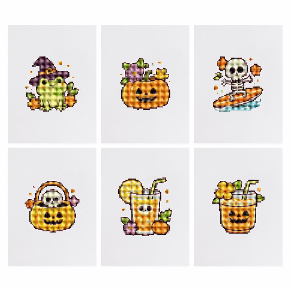 Witchy Frog and Pumpkin Punch mini diamond painting – the 6 designs laid out on white