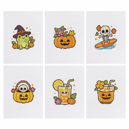 Witchy Frog and Pumpkin Punch mini diamond painting – the 6 designs laid out on white