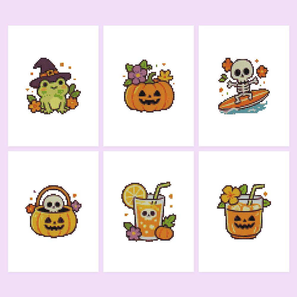 Witchy Frog and Pumpkin Punch mini diamond painting – Cute Halloween designs: witch-hat frog, flowered jack-o'-lanterns, surfing skeleton, skull basket, pumpkin drinks