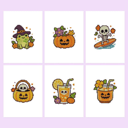 Witchy Frog and Pumpkin Punch mini diamond painting – Cute Halloween designs: witch-hat frog, flowered jack-o'-lanterns, surfing skeleton, skull basket, pumpkin drinks