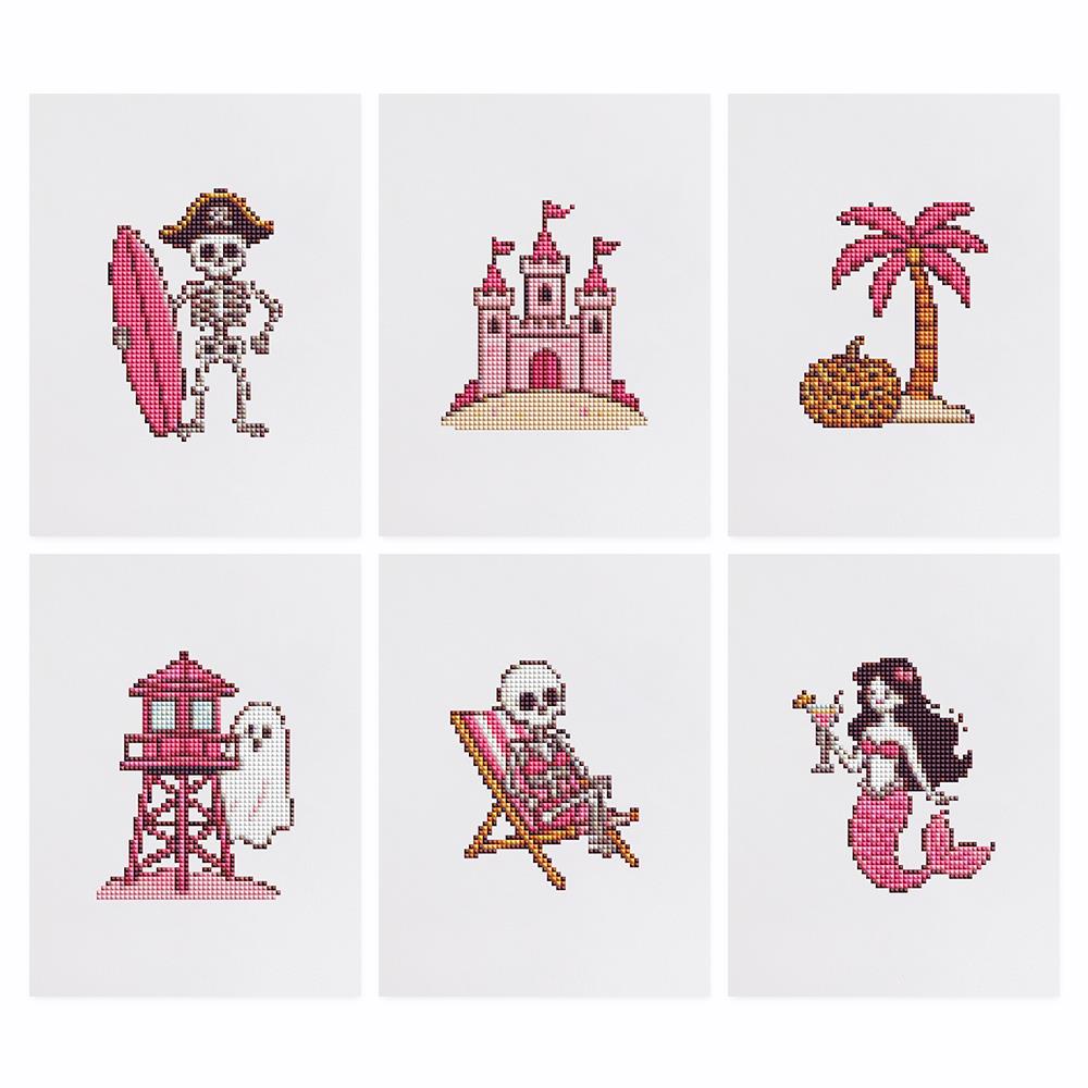 Spooky Pink Beach Vacation mini diamond painting – the 6 designs laid out on white