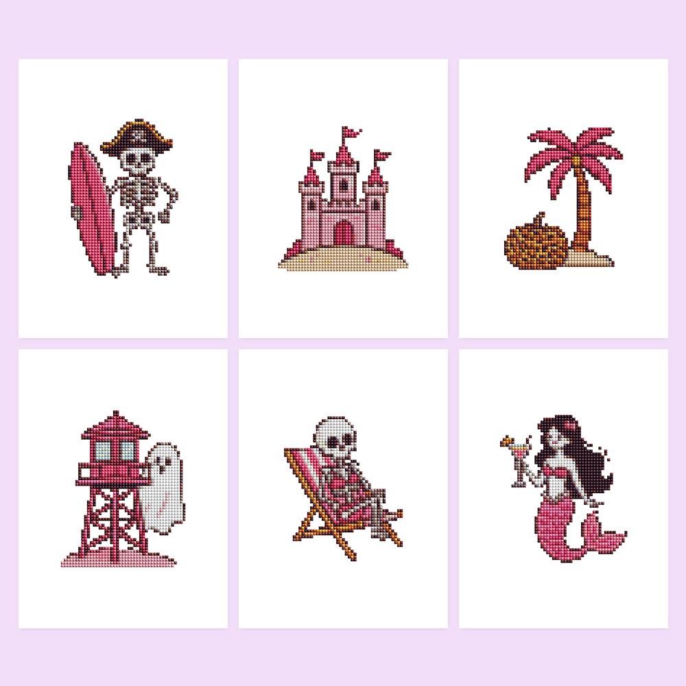 Spooky Pink Beach Vacation mini diamond painting – Pink beach Halloween: pirate skeleton, sandcastle, palm, ghost lifeguard tower, deckchair skeleton, mermaid