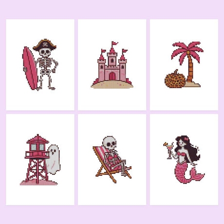 Spooky Pink Beach Vacation mini diamond painting – Pink beach Halloween: pirate skeleton, sandcastle, palm, ghost lifeguard tower, deckchair skeleton, mermaid
