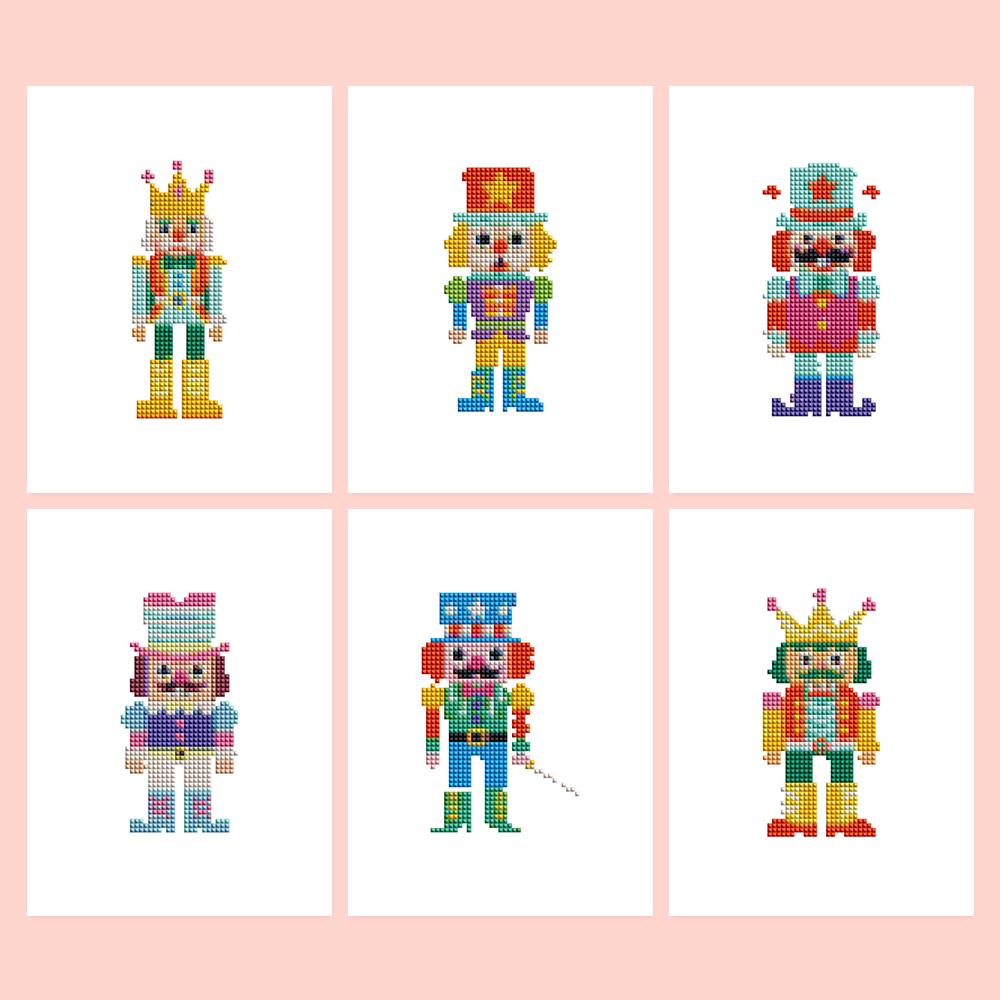 Rainbow Nutcracker Parade mini diamond painting – Six nutcracker soldiers in rainbow uniforms of yellow, turquoise, pink and purple, with crowns and tall hats