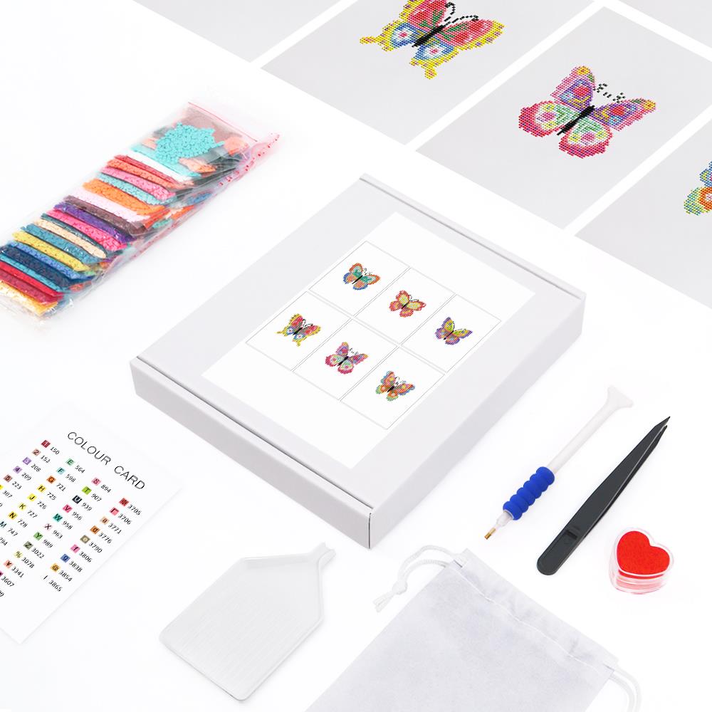 Patchwork Rainbow Butterflies mini diamond painting – the box with 6 canvases, diamonds and tools
