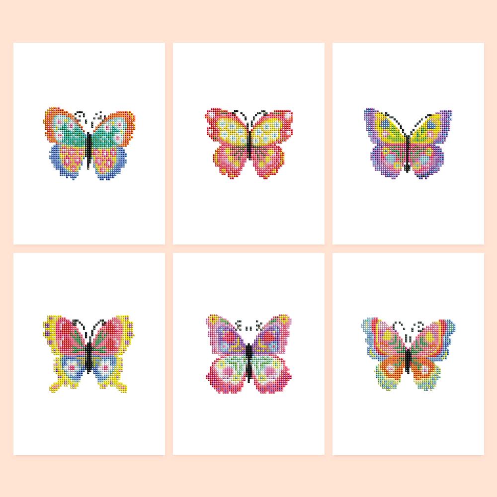 Patchwork Rainbow Butterflies mini diamond painting – Six butterflies with bold patterned wings in pink, yellow, teal, orange and purple