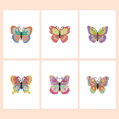 Patchwork Rainbow Butterflies mini diamond painting – Six butterflies with bold patterned wings in pink, yellow, teal, orange and purple