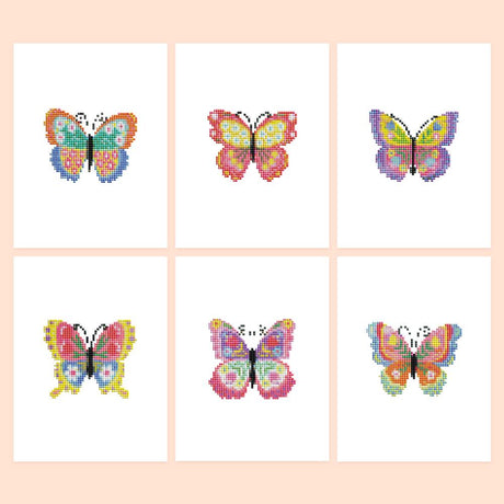 Patchwork Rainbow Butterflies mini diamond painting – Six butterflies with bold patterned wings in pink, yellow, teal, orange and purple
