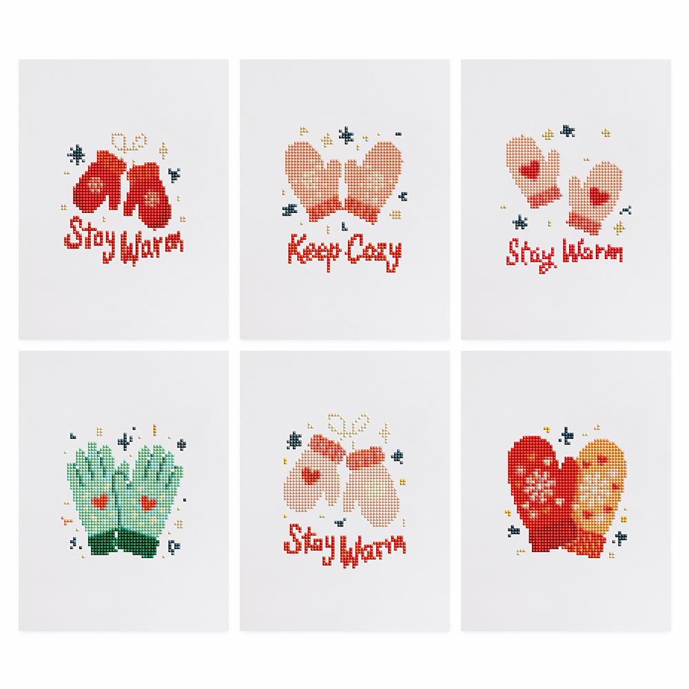 Stay Warm Cozy Mittens mini diamond painting – the 6 designs laid out on white