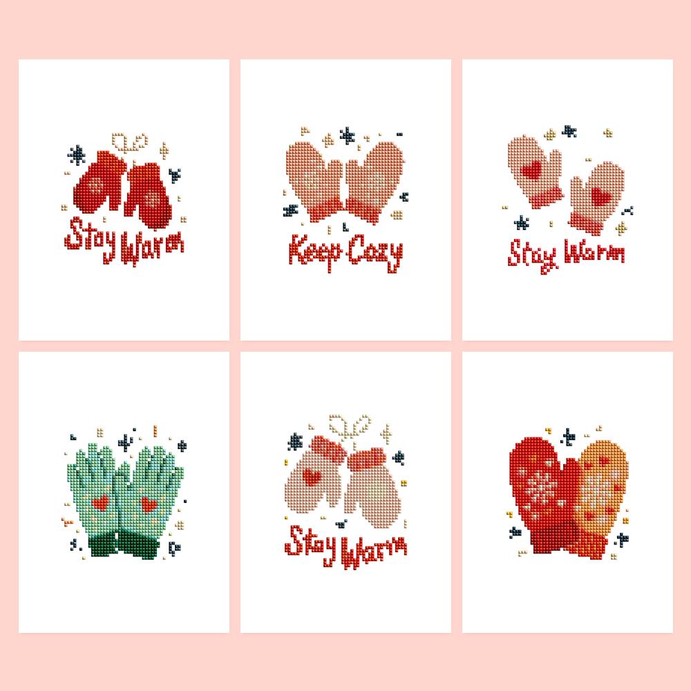 Stay Warm Cozy Mittens mini diamond painting – Six pairs of knitted mittens and gloves in red, pink and mint with hearts and Stay Warm or Keep Cozy lettering