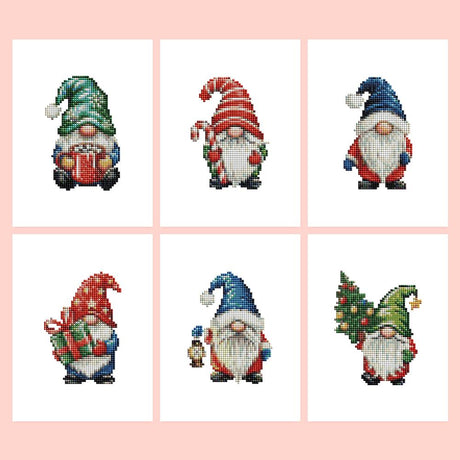 Gift-Bearing Christmas Gnomes mini diamond painting – Six bearded Christmas gnomes in red, green and blue hats carrying gifts, a candy cane, a lantern and a tiny tree