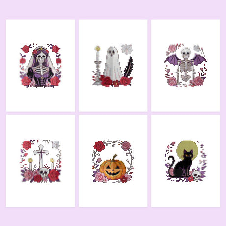Gothic Roses and Skeleton Bride mini diamond painting – Six gothic vignettes in roses: skeleton bride, ghost with candle, winged skeleton, grave cross, pumpkin, black cat
