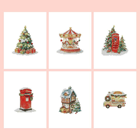 Carousel and Phone Box Christmas mini diamond painting – Six snowy Christmas scenes: decorated tree, carousel, red phone box, postbox, village shop and camper van