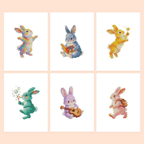 Dandelion-Wishing Bunny Friends mini diamond painting – Six playful pastel bunnies: dancing, reading, leaping, blowing a dandelion, playing guitar and hiking