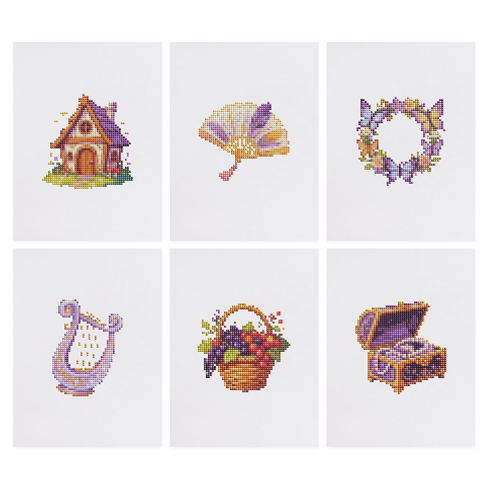 Fairy Cottage and Lilac Harp mini diamond painting – the 6 designs laid out on white