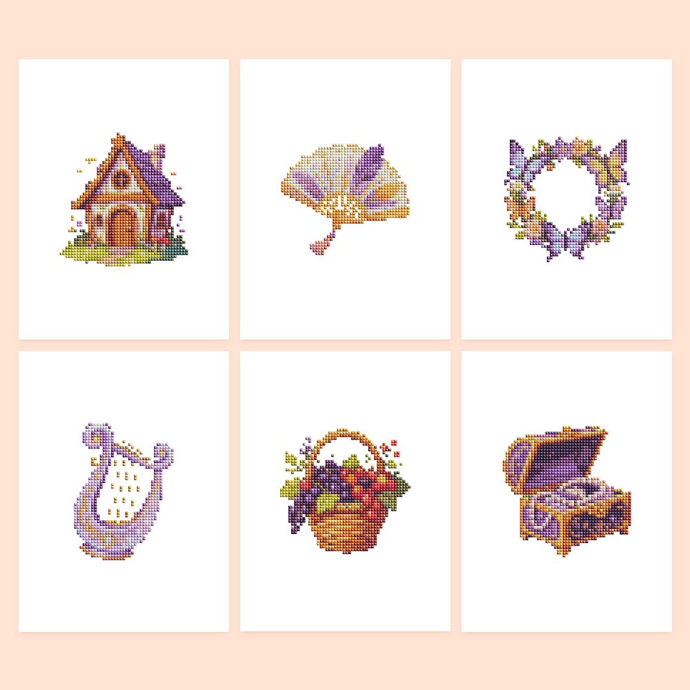 Fairy Cottage and Lilac Harp mini diamond painting – Six enchanted keepsakes: fairy cottage, feathered fan, butterfly wreath, lilac harp, grape basket, treasure chest