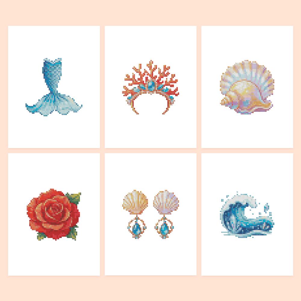 Mermaid Tail and Coral Tiara mini diamond painting – Six ocean treasures: mermaid tail, coral tiara, iridescent shell, red rose, shell earrings and a curling wave