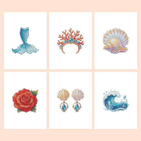Mermaid Tail and Coral Tiara mini diamond painting – Six ocean treasures: mermaid tail, coral tiara, iridescent shell, red rose, shell earrings and a curling wave