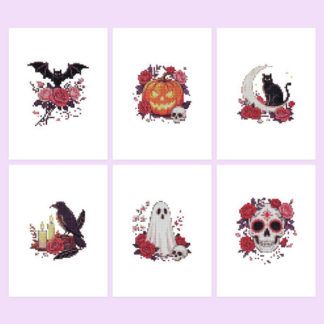 Raven, Sugar Skull and Roses mini diamond painting – Six gothic designs with red roses: bat, jack-o'-lantern, black cat on a moon, raven with candles, ghost, sugar skull