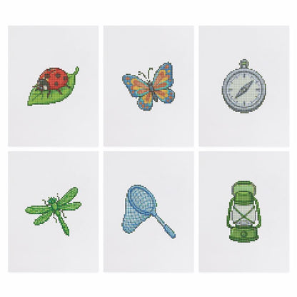 Bug Hunter's Net and Lantern mini diamond painting – the 6 designs laid out on white