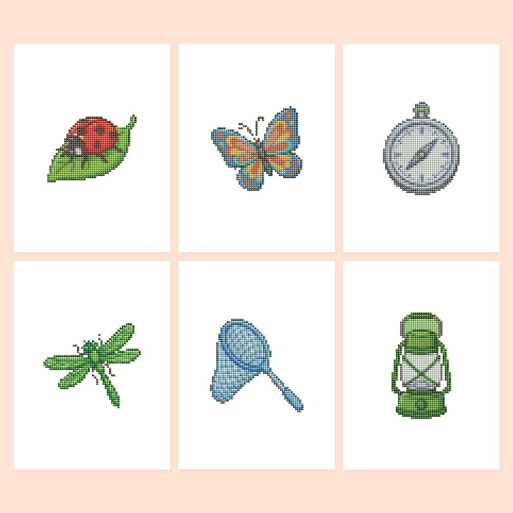 Bug Hunter's Net and Lantern mini diamond painting – Nature-explorer designs: ladybug on a leaf, butterfly, pocket compass, dragonfly, butterfly net, camping lantern