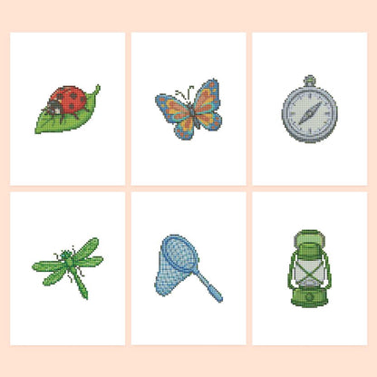 Bug Hunter's Net and Lantern mini diamond painting – Nature-explorer designs: ladybug on a leaf, butterfly, pocket compass, dragonfly, butterfly net, camping lantern