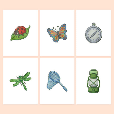 Bug Hunter's Net and Lantern mini diamond painting – Nature-explorer designs: ladybug on a leaf, butterfly, pocket compass, dragonfly, butterfly net, camping lantern