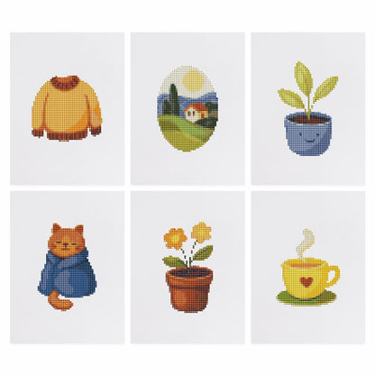 Blanket Cat and Cozy Sweater mini diamond painting – the 6 designs laid out on white