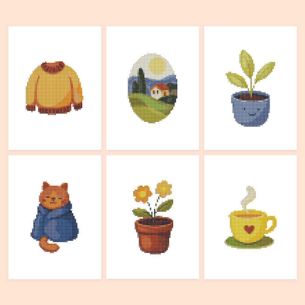 Blanket Cat and Cozy Sweater mini diamond painting – Cozy designs: mustard sweater, farmhouse landscape, smiling sprout, cat in a blanket, potted flowers, cup of tea