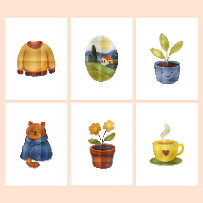 Blanket Cat and Cozy Sweater mini diamond painting – Cozy designs: mustard sweater, farmhouse landscape, smiling sprout, cat in a blanket, potted flowers, cup of tea