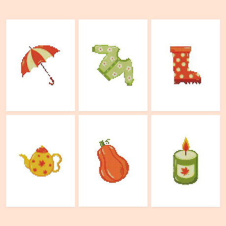 Polka Dot Teapot and Rain Boot mini diamond painting – Autumn comforts: red and white umbrella, green cardigan, polka-dot rain boot, yellow teapot, orange gourd, candle