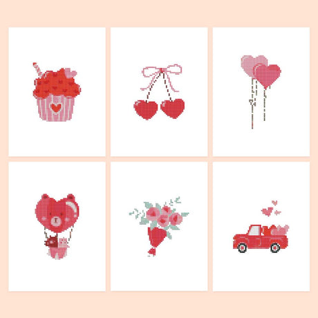 Red Pickup Truck Valentines mini diamond painting – Red Valentine designs: heart cupcake, heart cherries, heart balloons, teddy hot air balloon, rose bouquet, red truck