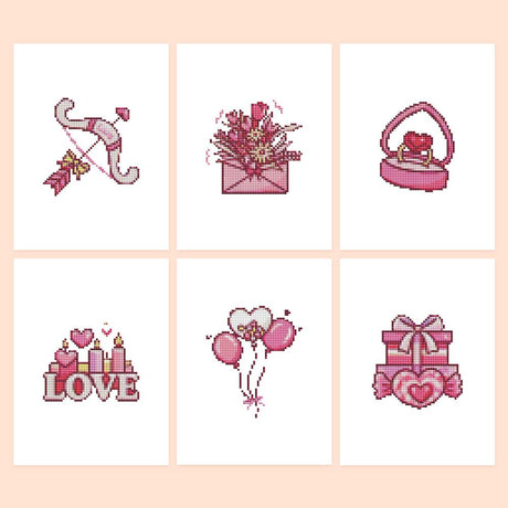 Cupid's Bow and Ring Box mini diamond painting – Pink Valentine designs: Cupid's bow and arrow, flower envelope, ring box, LOVE letters, heart balloons, gifts