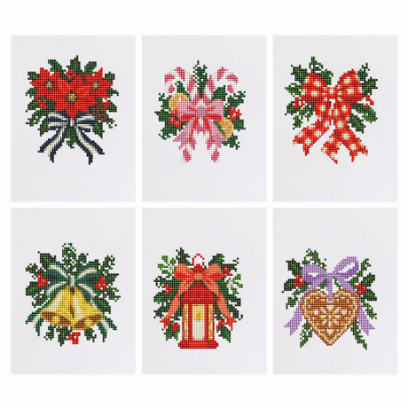 Holly Bows, Bells and Lanterns mini diamond painting – Holly sprigs with poinsettia, candy canes, a red plaid bow, gold bells, a red lantern and a gingerbread heart