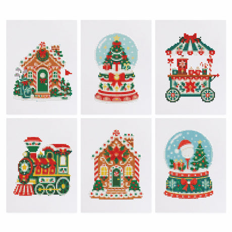Snow Globes and Gingerbread Houses mini diamond painting – Gingerbread houses, snow globes with a tree and Santa, a Christmas market cart and a red and green toy train