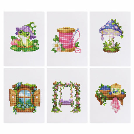 Hatted Frog and Wildflower Swing mini diamond painting – Frog in a purple hat, pink thread spool, purple mushroom, vine-covered window, flower swing and a berry shelf
