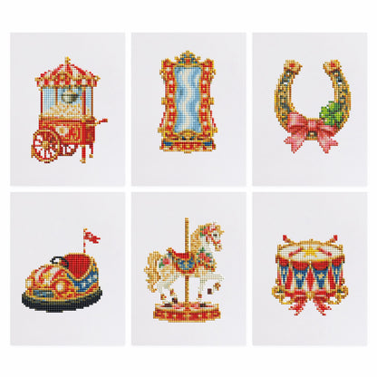 Carousel Horse and Bumper Car mini diamond painting – Popcorn cart, gilded mirror, lucky horseshoe with bow, bumper car, carousel horse and a drum in red and gold