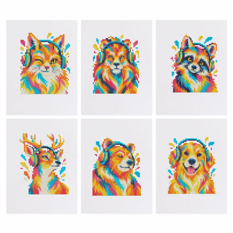 Rainbow Animals in Headphones mini diamond painting – Rainbow-furred fox, lion, raccoon, deer, bear and golden dog, some wearing headphones