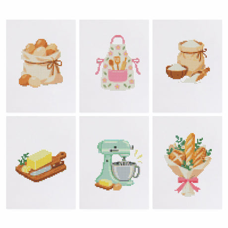 Mint Mixer and Flour Sack Baking mini diamond painting – Flour sacks, a floral apron, butter on a board, a mint stand mixer and a bouquet of baguettes with a pink bow