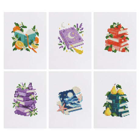 Book Stacks, Fruit and Lavender mini diamond painting – Stacks of books with oranges, strawberries, pears and lavender, a moon-covered book and a night-sky book