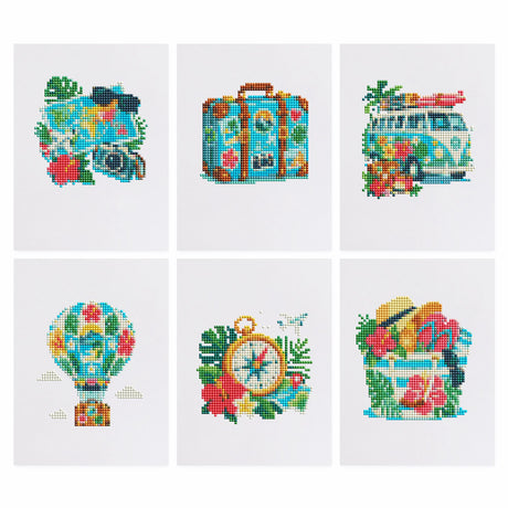 Wanderlust Suitcase and Camper Van mini diamond painting – Map with camera, turquoise suitcase, camper van, hot air balloon, compass and beach bag among hibiscus