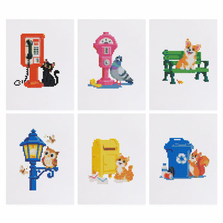 City Critters on Street Corners mini diamond painting – Cat at a payphone, pigeon on a parking meter, corgi on a bench, owl on a lamppost, cat by a mailbox, squirrel by a bin