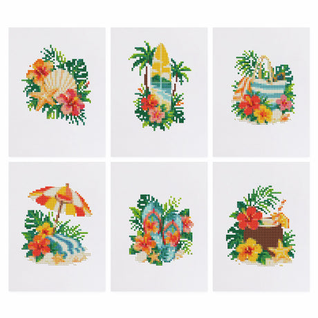 Hibiscus Surf and Flip-Flop Days mini diamond painting – Seashell, surfboard, beach bag, beach umbrella, flip-flops and a coconut drink framed by hibiscus and palms