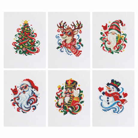 Swirling Santa and Nutcracker mini diamond painting – Christmas tree, reindeer, gnome, Santa, nutcracker and snowman in red and blue ornamental swirls