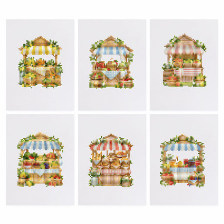 Farm Stand Stalls Under Awnings mini diamond painting – Wooden market stalls with striped awnings selling fruit, vegetables, bread and flowers