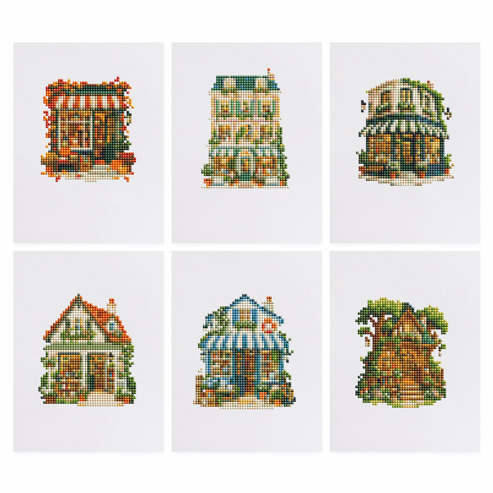 Little Shopfronts and Cottages mini diamond painting – Village shopfronts with awnings, a townhouse, a cafe, a cottage and an ivy-covered house